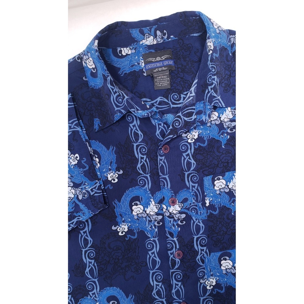 Extreme Gear Vintage Hawaiian Shirt Mens XL Blue Dragons Waves‎ Tribal Y2K Short